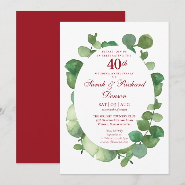 40th Ruby Wedding Anniversary Eucalyptus Greenery Invitation (Front/Back)