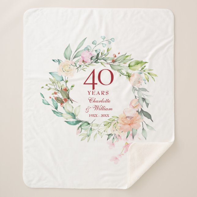 40th Ruby Wedding Anniversary Floral Garland Sherpa Blanket (Front)