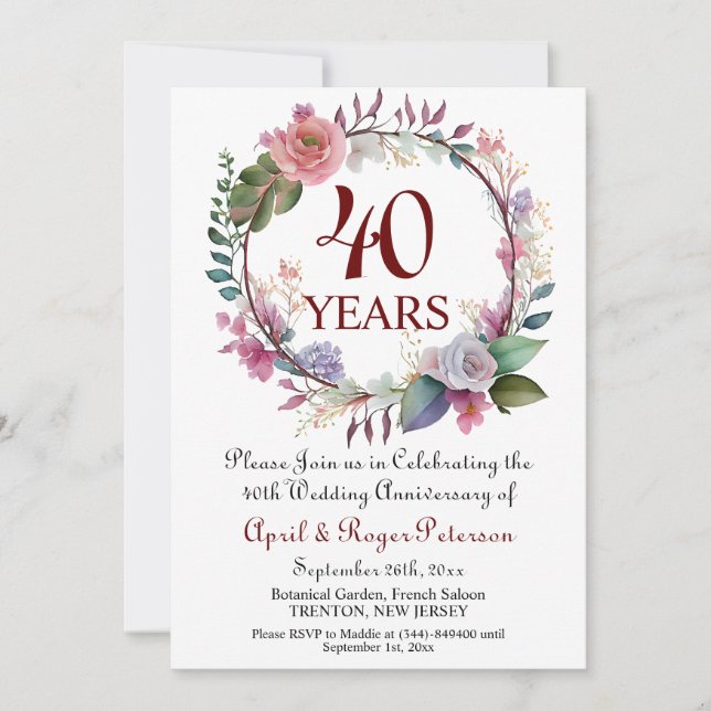 40th Ruby Wedding Anniversary Floral Invitation (Front)