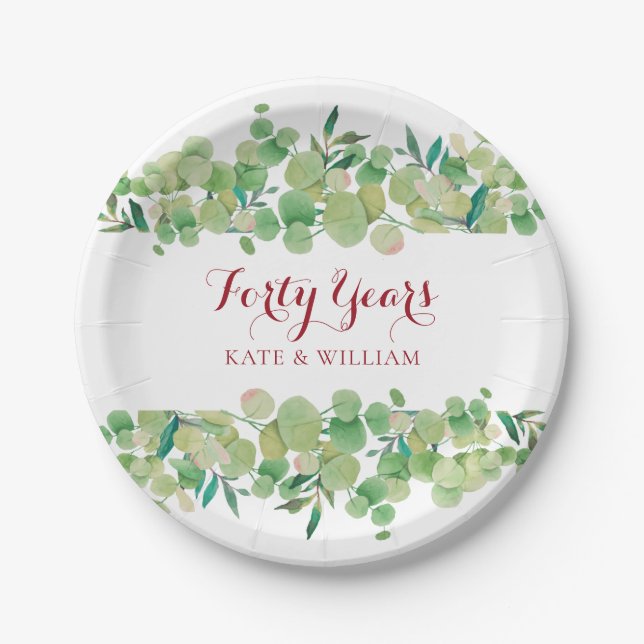 40th Ruby Wedding Anniversary Greenery Paper Plate (Front)