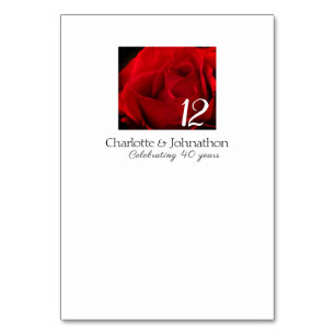 40th Ruby Wedding Anniversary party Red Rose Table Number