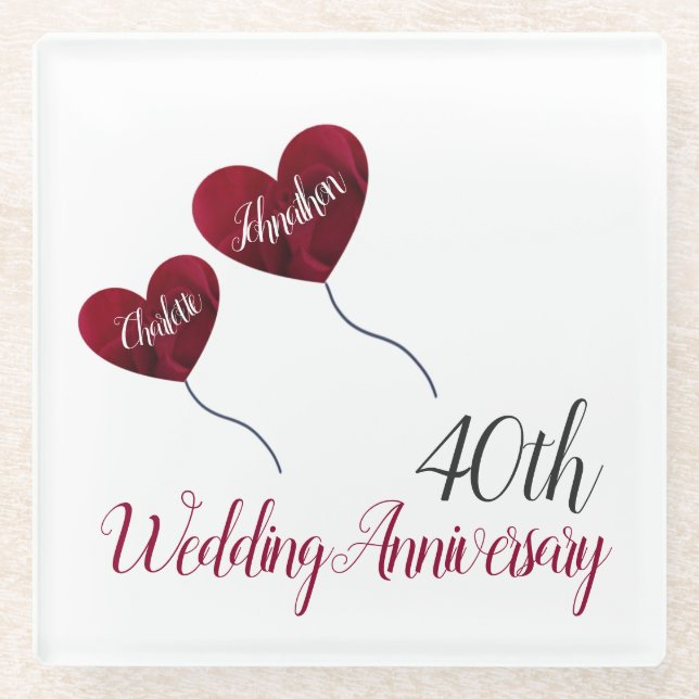 40th Ruby wedding anniversary red heart balloons Glass Coaster (Front)