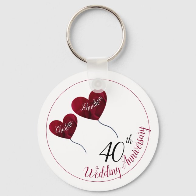 40th Ruby wedding anniversary red heart balloons Key Ring (Front)