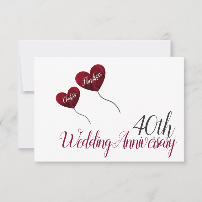 40th Ruby wedding anniversary red heart balloons Thank You Card (Front)