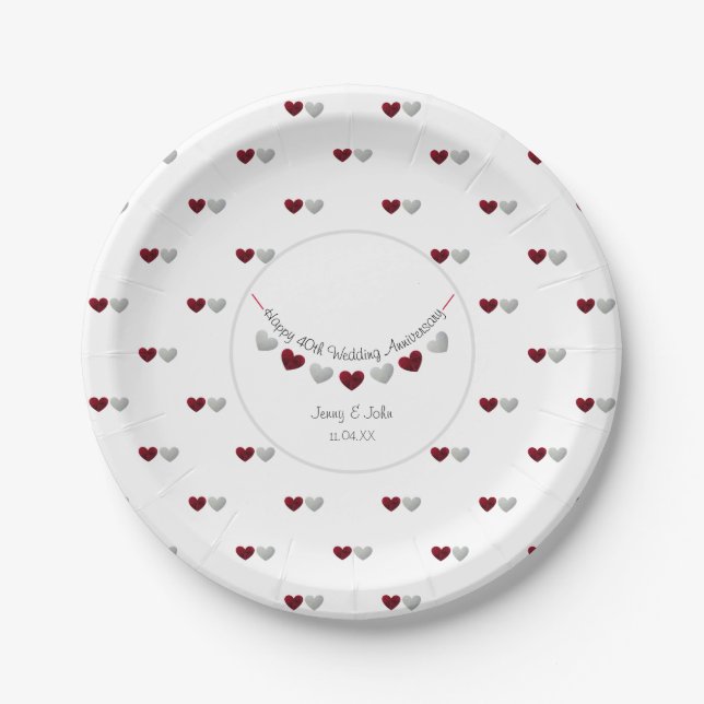 40th Ruby Wedding Anniversary red heart bunting Paper Plate (Front)