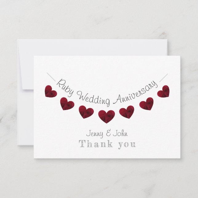 40th Ruby Wedding Anniversary red heart bunting Thank You Card (Front)