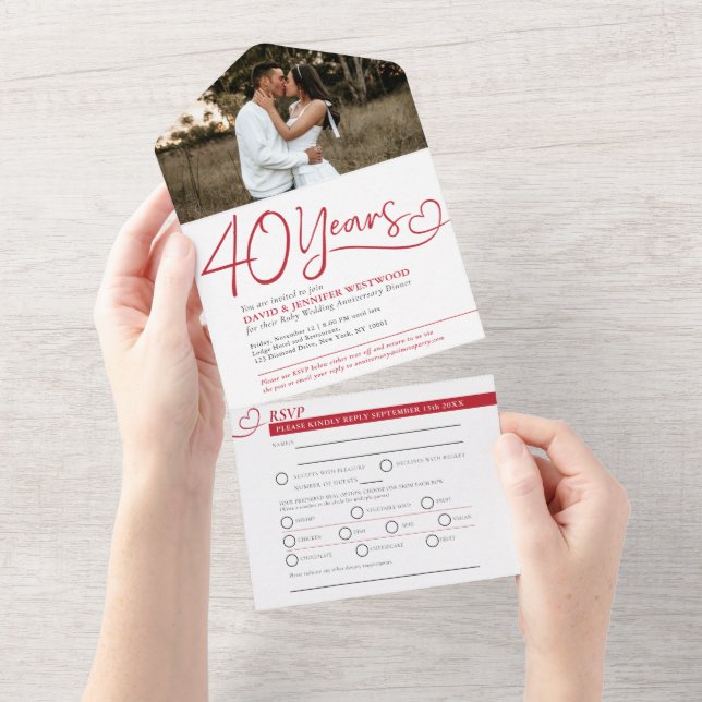 40th Ruby wedding anniversary red meal RSVP photo All In One Invitation (Tearaway)