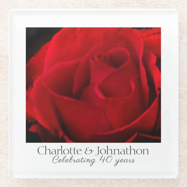 40th Ruby Wedding Anniversary Red Rose Glass Coaster (Front)