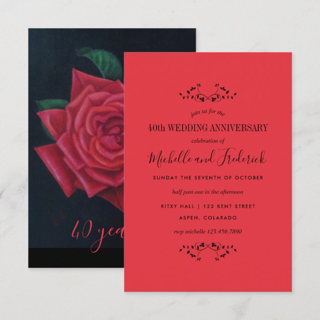 40th Ruby Wedding Anniversary Red Rose invitation (Front/Back)