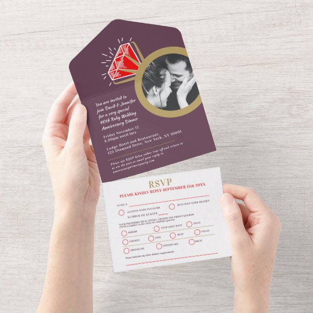 40th Ruby wedding anniversary ring meal RSVP photo All In One Invitation (Tearaway)