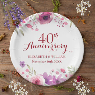 40th Ruby Wedding Anniversary Roses Floral Paper Plate