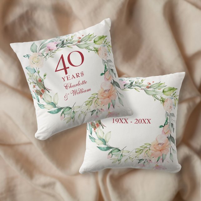 40th Ruby Wedding Anniversary Roses Garland  Cushion (40th Ruby Wedding Anniversary Roses Garland Throw Pillow)