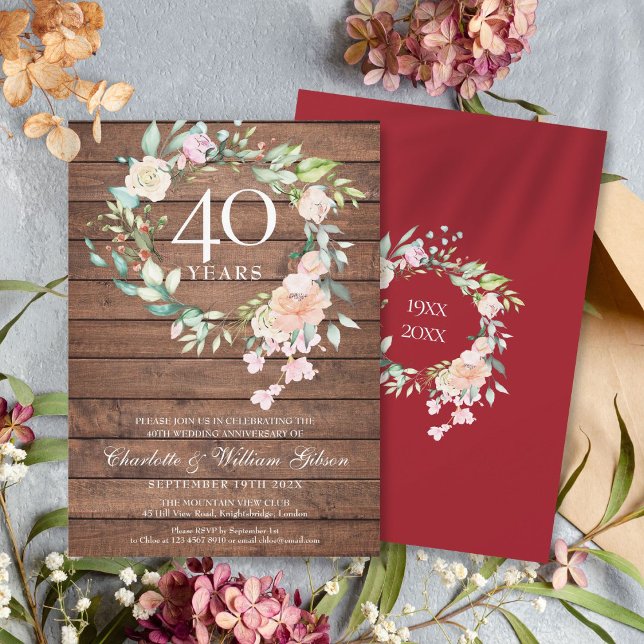 40th Ruby Wedding Anniversary Rustic Wood Floral Invitation (40th Ruby Wedding Anniversary Rustic Wood Floral Invitation)