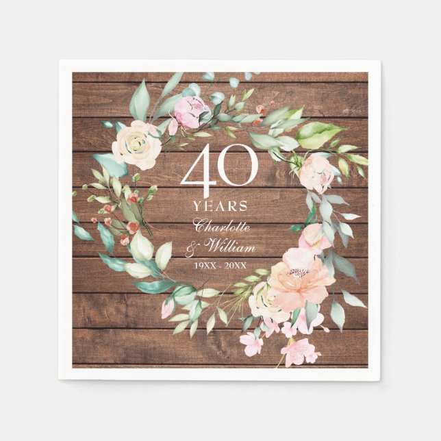 40th Ruby Wedding Anniversary Rustic Wood Napkin (Front)