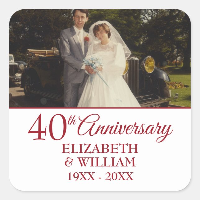 40th Ruby Wedding Anniversary Simple Photo Square Sticker (Front)