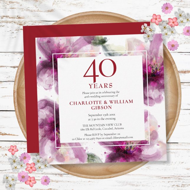 40th Ruby Wedding Anniversary Watercolor Floral Invitation (40th Ruby Wedding Anniversary Watercolor Floral Invitation)