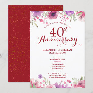 40th Ruby Wedding Anniversary Watercolor Floral Invitation