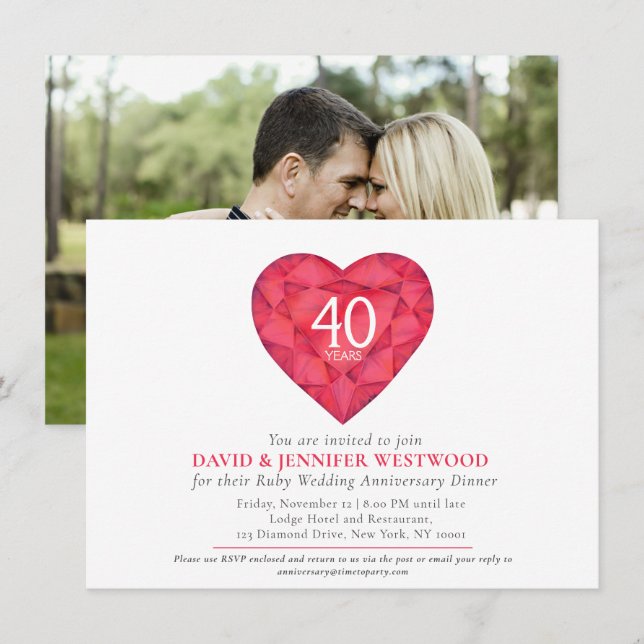 40th Ruby Wedding Anniversary watercolor heart  Invitation (Front/Back)