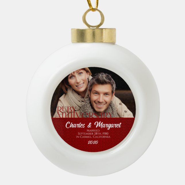 40th Ruby Wedding Annivsersary Red Damask Photo Ceramic Ball Christmas Ornament (Front)