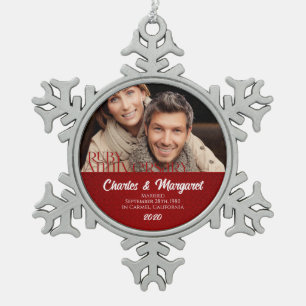 40th Ruby Wedding Annivsersary Red Damask Photo Snowflake Pewter Christmas Ornament