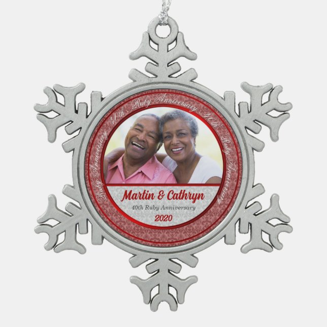 40th Ruby Wedding Annivsersary Red Photo Snowflake Pewter Christmas Ornament (Front)