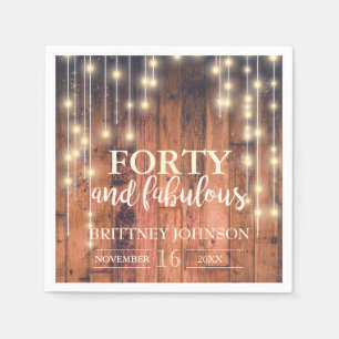 40th Rustic Brown Wood  Lights Birthday   Napkins