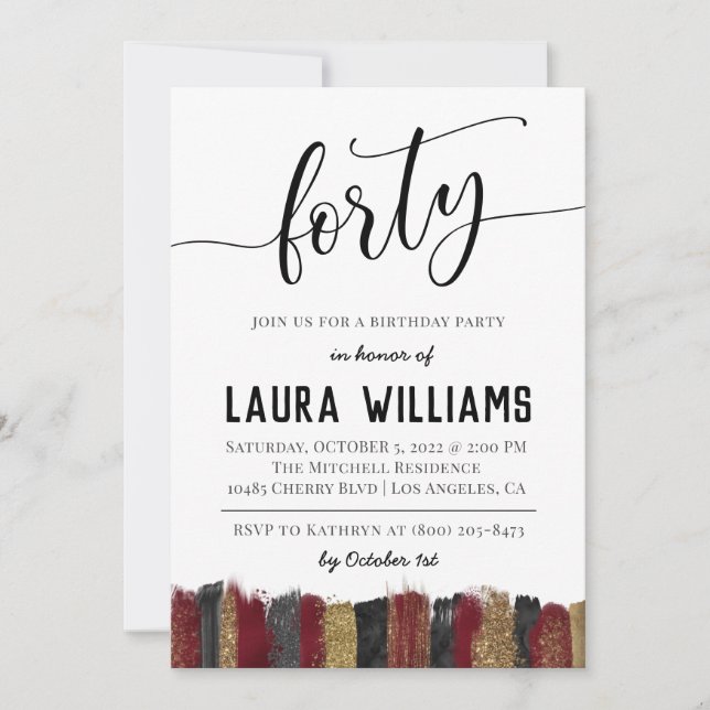 40th Script Word Birthday Invitation (Front)