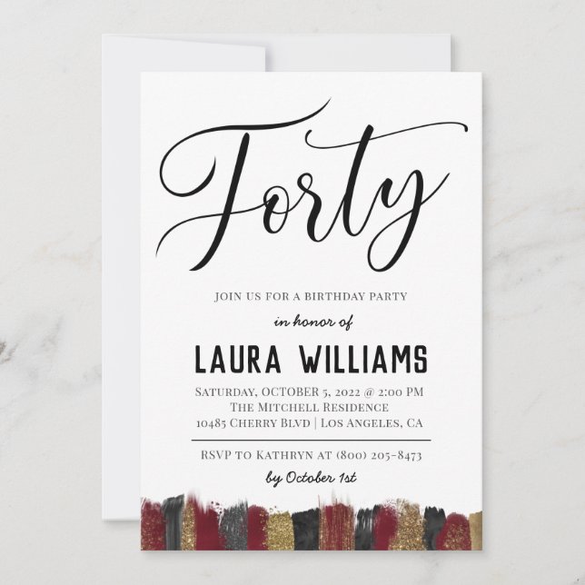 40th Script Word Birthday Invitation (Front)