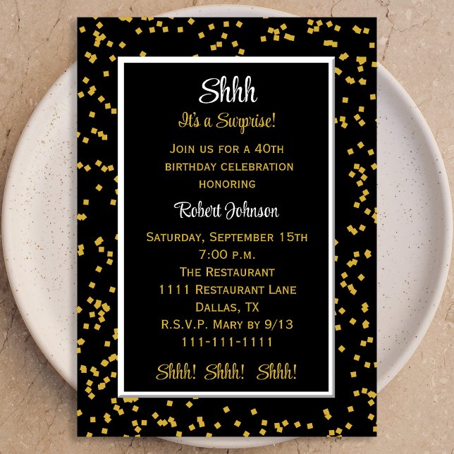 40th Shhh it's a Surprise Confetti Birthday Invitation (Creator Uploaded)