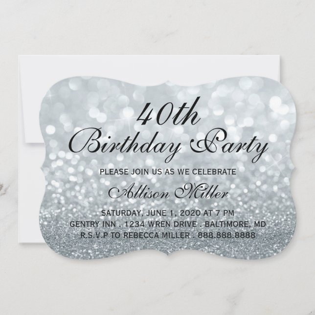 40th Silver Glitter Glam Birthday Party Invite (Front)