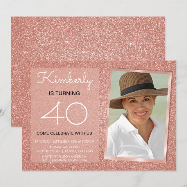 40th Sparkle Rose Gold Blush Pink Photo Invitation (Front/Back)
