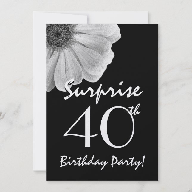 40th Surprise Birthday Black White Daisy Metallic Invitation (Front)