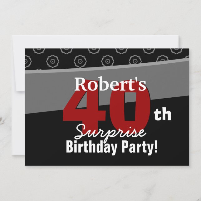 40th Surprise Birthday Black White Horizontal Invitation (Front)