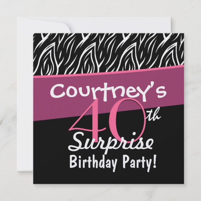 40th Surprise Birthday Black White Zebra Flames Invitation (Front)