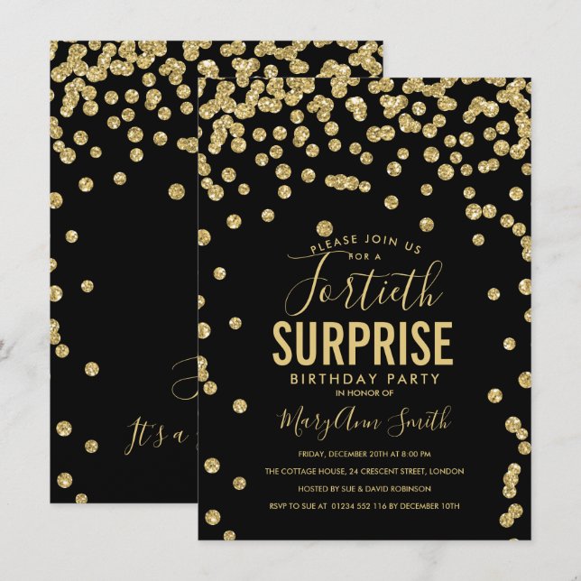 40th Surprise Birthday Gold Black Invitation (Front/Back)