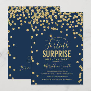 40th Surprise Birthday Gold Navy Blue Invitation