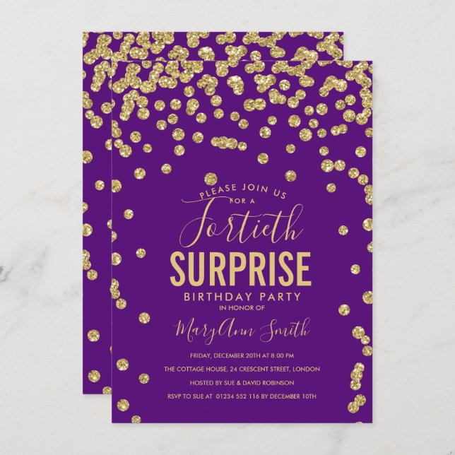 40th Surprise Birthday Gold Purple Invitation (Front/Back)