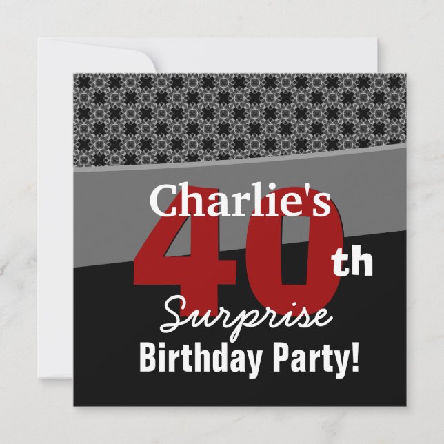 40th Surprise Birthday Modern Black White Red Grey Invitation (Front)