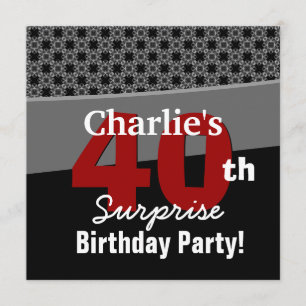40th Surprise Birthday Modern Black White Red Grey Invitation