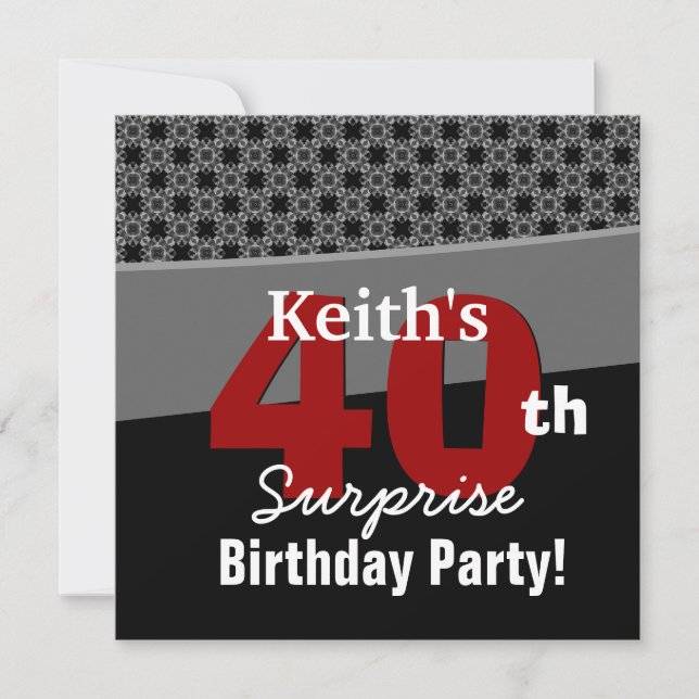 40th Surprise Birthday Modern Black White Red V04 Invitation (Front)