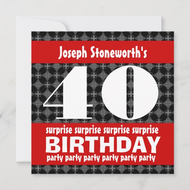 40th Surprise Birthday Party Black Red White Invitation (Front)
