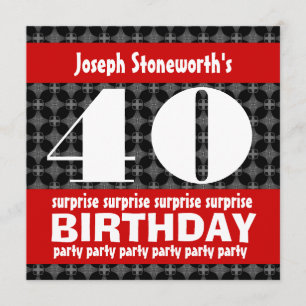 40th Surprise Birthday Party Black Red White Invitation