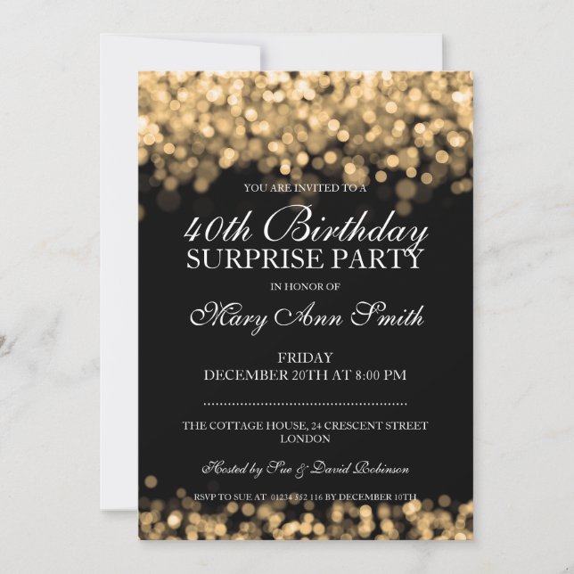 40th Surprise Birthday Party Gold Lights Invitation (Front)