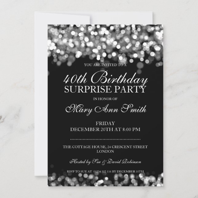 40th Surprise Birthday Party Silver Lights Invitation (Front)