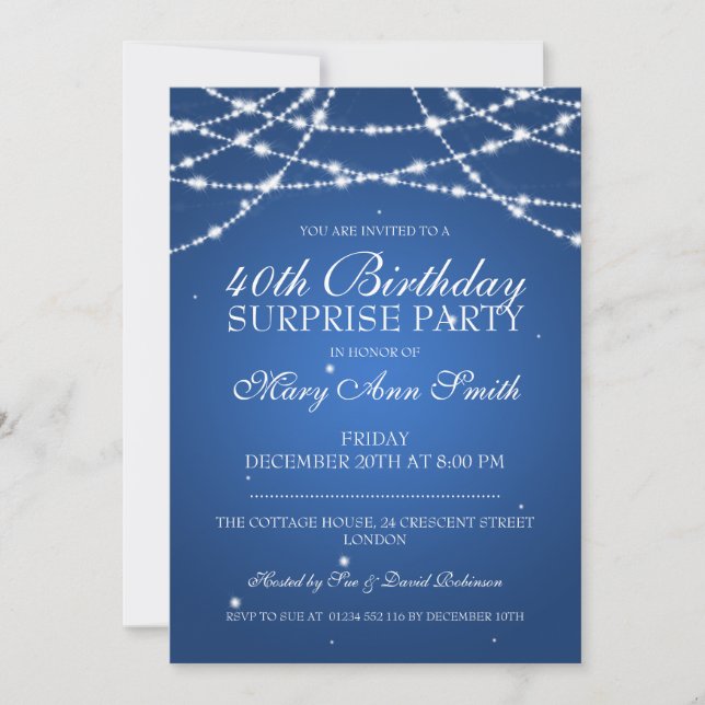 40th Surprise Birthday Party String Stars Blue Invitation (Front)