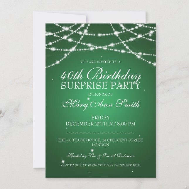 40th Surprise Birthday Party String Stars Green Invitation (Front)