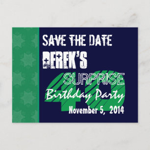 40th Surprise Birthday Save the Date Blue Green 1 Announcement Postcard