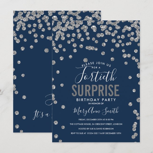 40th Surprise Birthday Silver Navy Invitation (Front/Back)