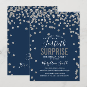 40th Surprise Birthday Silver Navy Invitation