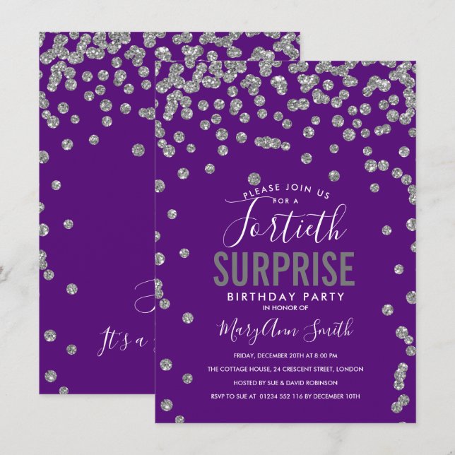 40th Surprise Birthday Silver Purple Invitation (Front/Back)